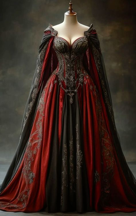 Fantasy Dress Queens, Red And Black Gown, Strange Dream, Steampunk Fairy, Fantasy Ball, Queen Dresses, Fantasy Clothes, Royal Dresses, Goddess Dress