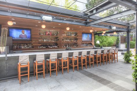 The J House Greenwich - Outdoor Patio Sports Bar Sports Bar Exterior Design, Outdoor Bar Restaurant Design Patio, Sports Bar Patio Ideas, Outdoor Club Design, Outdoor Bar Restaurant Design, Backyard Sports Bar, Outdoor Sports Bar Ideas, Outdoor Commercial Bar, Outdoor Bar Ideas Modern