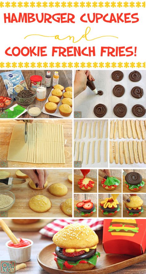 How to Make Hamburger Cupcakes and Cookie French Fries | From OhNuts.com Cheese Burger Cupcakes, Hamburger Cupcakes And Fries, Hamburger Birthday Party, Hamburger Birthday Party Ideas, Cupcake Burger, Burger Birthday, Burger Cupcakes, Hamburger Cupcakes, Γενέθλια Mickey Mouse