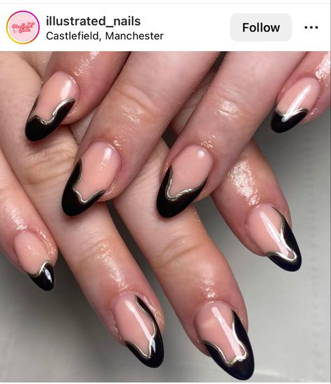 Dark Chrome French Tip Nails, Black Nails Chrome Tips, Black Chrome Nails French Tip, Black French Tip Chrome Nails, Black French Tip With Chrome, Chrome And Black Nails, Black Chrome French Tip Nails, Black Nails Chrome, Chrome Nails Black