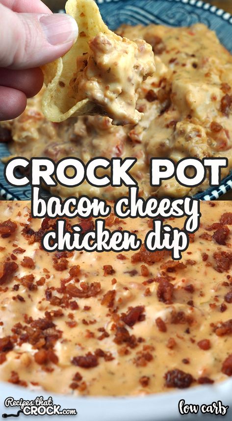 This Low Carb Crock Pot Bacon Cheesy Chicken Dip recipe has such an incredible flavor! It is the perfect dip for your next get together! So yummy! via @recipescrock Cheesy Chicken Dip Crockpot, Crockpot Chicken Dips For Parties, Chicken Bacon Dip Recipes, Crockpot Orderves, Crockpot Bacon Recipes, Chicken Bacon Ranch Dip Crock Pot, Cream Cheese Crockpot Dip, Chicken Bacon Dip, Crockpot Chip Dip Recipes