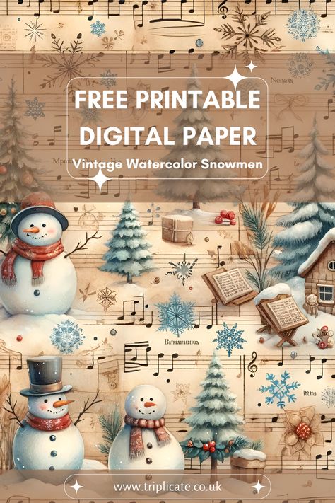 Watercolor snowmen on a vintage sheet music background. Free scrapbooking download with commercial use allowed. #scrapbooking #junkjournaling #papercraft #craftsupplies #freeprintables #digitalpaper Free Snowmen Printables, Christmas Paper Printable Free, Free Christmas Paper Printables, Free Printable Digital Scrapbook Paper, Scrapbook Papers Free Printable, Free Vintage Christmas Images Printables, Scrapbook Free Printables, Vintage Paper Background Free Printables, Graphic Design Advert