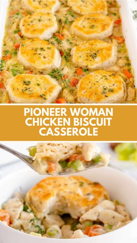 This Pioneer Woman Chicken Biscuit Casserole recipe is made with chicken, vegetables, herbs, flour, and biscuits. It takes around 90 minutes to prepare and serves 6 people. Chicken And Biscuit Dinner Ideas, Healthy Chicken And Biscuits, Pioneer Woman Healthy Recipes, Baked Chicken And Biscuits, Chicken Biscuit Casserole Recipes, Biscuit Topped Casserole, Creamed Chicken And Biscuits Casserole, Chicken N Biscuits Recipes, Biscuit Casserole Dinner