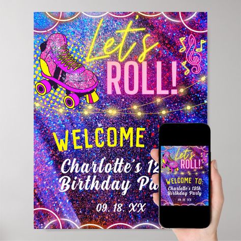 Birthday Parties For Girls, Roller Skating Party Invitations, Roller Skating Birthday Invitations, Disco Birthday, Dance Party Invitations, Dance Party Birthday, Disco Birthday Party, Roller Skating Party, Neon Birthday