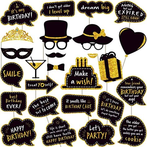 Photo Booth Anniversaire, Birthday Photobooth, Black And Gold Party Decorations, Photo Booth Props Birthday, Party Photobooth, 21st Birthday Girl, Birthday Photo Booth, Birthday Party Props, Photobooth Props Printable