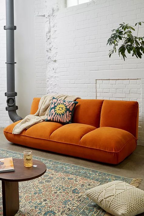 Sofa Arrangement, Orange Couch, Small Sectional Sofa, Velvet Design, Modul Sofa, Orange Velvet, Soft Velvet, Futon, Sofa Set