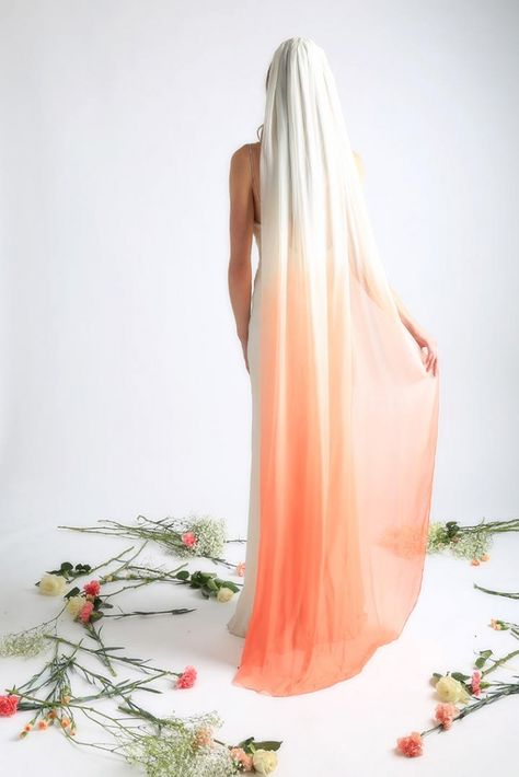 Watercolour Wedding Veil Watercolor Wedding Dress, Veil Floor Length, Chiffon Veil, Orange Dress Wedding, Unique Wedding Veils, Ombre Wedding Dress, Floor Length Veil, Silk Veil, Ombre Wedding