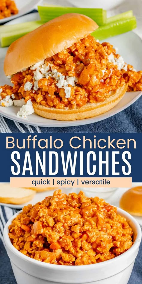 Buffalo Chicken Sandwiches are an easy and versatile family favorite weeknight dinner. It's like sloppy joes with a hot sauce kick. Made with lean ground chicken, this is a less greasy, everyday way to enjoy the spicy wing flavor you love so much! Buffalo Chicken Ground Chicken, Recipes Using Hot Sauce, Ground Chicken Buffalo Dip, Buffalo Sauce Dinner Ideas, Buffalo Ground Chicken Recipes, Buffalo Chicken Sloppy Joes, Ground Chicken Sandwich Recipes, Ww Ground Chicken Recipes, Best Ground Chicken Recipes