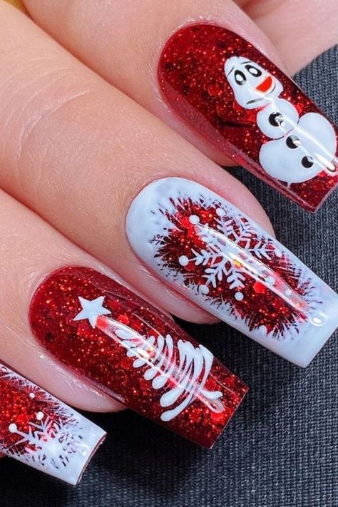 Get into the holiday spirit with this enchanting Christmas nail design! ❄️ Featuring an adorable Olaf snowman, sparkly red glitter, delicate snowflakes, and a minimalist Christmas tree, this festive manicure captures all the magic of winter. Perfect for holiday parties, Christmas celebrations, or adding some Disney charm to your winter look! #ChristmasNails #ChristmasNailArt #HolidayManicure #ChristmasTree #RedGlitterNails #FestiveNails Red Snowman Nails, Xmas Red Nails Christmas Design, Red Nails With Christmas Tree, Nail Art Designs New Year 2025, Snowman Nail Design, Christmas Nail Designs Red And Green, Red And White Christmas Nail Designs, Glitter Christmas Nail Designs, Jack Skellington Christmas Nails