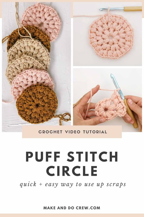 Learn how to crochet a puff stitch circle in this detailed video tutorial. These circles look a lot like crochet flowers made from puff stitches and are a great way to use up scrap yarn. Use your circles in the free Dahlia crochet granny square blanket pattern by Make Crochet Granny Square Blanket Pattern, Granny Square Blanket Pattern, Square Blanket Pattern, Crochet Puff Stitch, Puff Stitch Crochet, Make And Do Crew, Scrap Yarn, Crochet Granny Square Blanket, Make Do