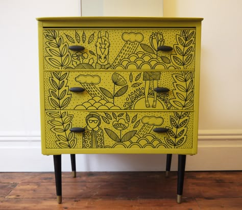 Eclectic Painted Furniture, Funky Cabinets, Art On Furniture, Floating Nightstand Ideas, Modern Floating Nightstand, Painted Furniture Ideas, Nightstand Ideas, Painted Cabinet, Diy Furniture Renovation