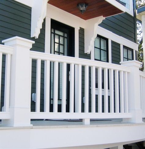 White Aluminum Deck Railing, Deck Skirting Ideas, White Railing, Vinyl Deck Railing, 1920 Bungalow, Skirting Ideas, Farmers Porch, Pvc Railing, Garage Build