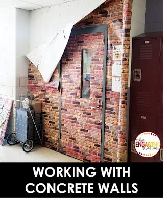 Decorating Cement Walls Classroom, Cinder Block Classroom Walls, Brick Bulletin Board Classroom, Brick Wall Classroom Decor, Brick Classroom Decor, Wallpaper Over Cinder Block, Brick Classroom, Hanging Classroom Decorations, Mystery Birthday Party