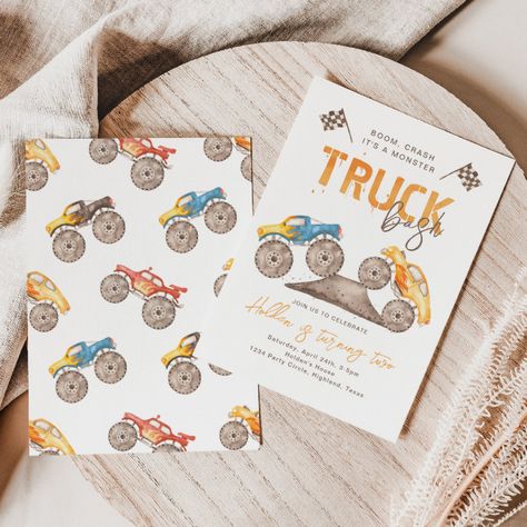 Monster Truck Birthday Invitation | Monster Truck - Birthday Invitation Monster Truck 3rd Birthday Party Ideas, 3rd Birthday Monster Truck Theme, Monster Truck Party Invitations, Monster Truck 3rd Birthday Party, Monster Truck Theme Birthday Party, Monster Truck Birthday Party Ideas, Truck Party Invitations, Monster Jam Birthday Party, Monster Jam Birthday