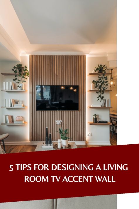 5 tips for designing a living room TV accent wall with shelves and plants. Wood Panel Accent Wall With Tv, White Wood Walls Living Room, Paneling Around Tv, Wood Panel Wall Tv, Wood Panels Tv Wall, Fluted Wall Panel Living Rooms Ideas, Accent Wall For Living Room Tv, Tv On Wood Panel Wall, Wood Panel Tv Wall Living Room