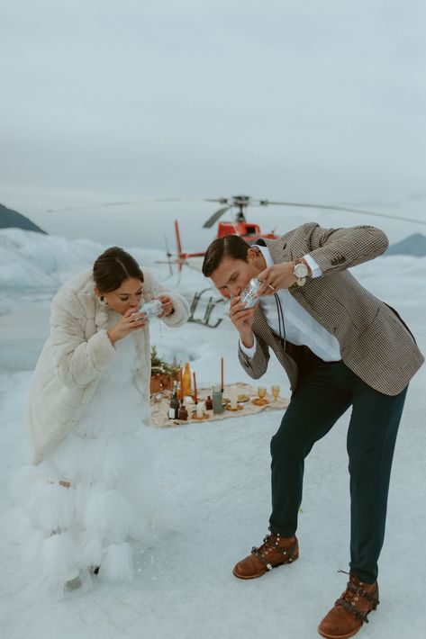 Alaska Helicopter Elopement Fall Wedding Couple, Large Bridal Bouquet, Couple Wedding Photography, Wedding Dress Ballgown, Glacier Wedding, Groovy Wedding, Helicopter Elopement, Glacier Elopement, Alaska Wedding