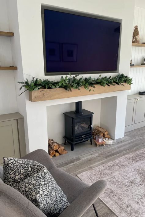 Electric Stove Media Wall, Tv Chimney Breast, Chimney Breast Ideas No Fireplace, Stove Fireplace Ideas, Chimney Breast Ideas, False Chimney Breast, Modern Log Burners, Electric Log Burner, Reno House