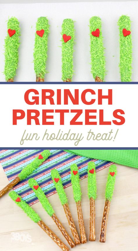 Easy Grinch Pretzel Sticks Recipe I love these easy Grinch pretzel sticks. They're super fast to make and the kids absolutely love them! #merrygrinchmas #grinchfood #christmastime #3boysandadog Pretzel Sticks Recipe, Grinch Chocolate, Grinch Snack, Grinch Food, Chocolate Covered Pretzels Christmas, Chocolate Covered Pretzels Recipe, Edible Confetti, Fun Holiday Treats, Grinch Christmas Party