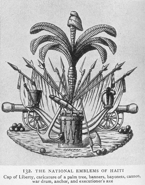 The National Emblems of Haiti; Cap of Liberty, caricature of a palm tree, banners, bayonets, cannon, war drum, anchor, and executioner's axe. - NYPL Digital Collections Haitian Flag Tattoo, Haitian Tattoo, Haiti Tattoo, Palm Tree Clip Art, Ink Magic, Haitian Culture, Haitian Flag, Tatoo Inspiration, Haitian Art