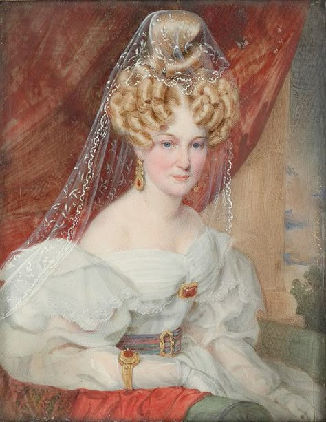 Portrait of a Lady miniature on ivory, 1832 by Carl Von Saar 1830s Fashion, Victorian Hairstyles, Romantic Era, Regency Fashion, Miniature Portraits, William Turner, 19th Century Fashion, John Singer Sargent, History Fashion