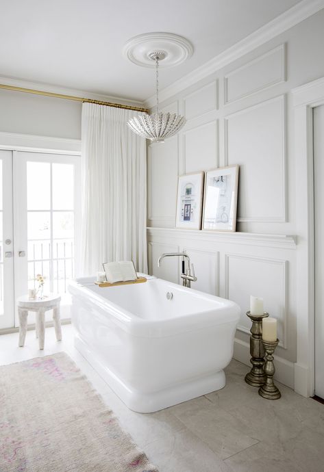 Jillian Harris Wayfair Jillian Harris, Master Ensuite, Real Estat, Steam Showers Bathroom, White Bath, Cabinetry Design, Subway Tiles, Custom Drapes, Dream Bathroom