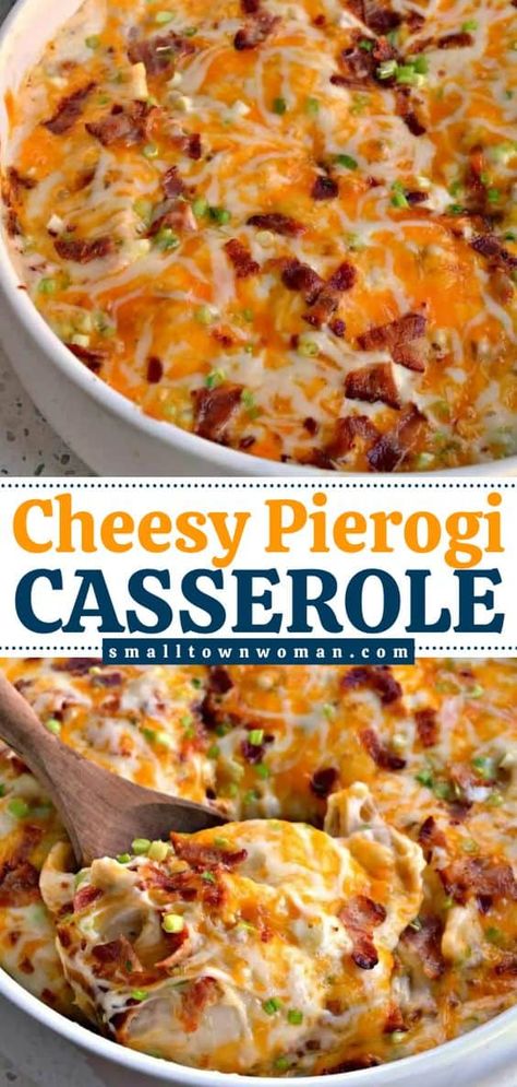 Treat your family to this Cheesy Pierogi Casserole! It's a simple comfort food that only takes less than 15 minutes to get in the oven. Everyone will be requesting seconds of this hearty dinner with frozen pierogies, bacon, cheese, and more! Filled Dumplings, Pierogi Casserole, Pierogi Recipe, Cheese Potato, Easy Comfort Food, Easy Casserole Recipes, Easy Casserole, Alfredo Sauce, Shredded Mozzarella