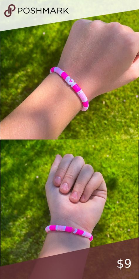 Handmade 💕Barbie💕 bracelet. In the colors of hot pink, white, and normal pink. Barbie Bracelet, Make Clay Beads, Inter Miami, Clay Bracelet, Beads Bracelet Design, Bracelets Diy, Bracelet Design, Beaded Bracelets Diy, Beaded Accessories