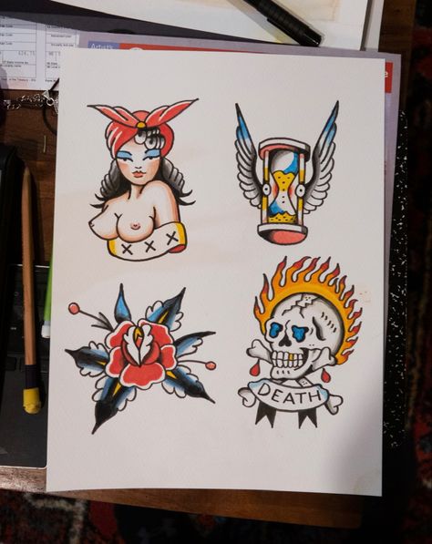 Flash Art Painting, Traditional Tattoo Painting, Flash Painting, Tattoo White, Sailor Jerry Tattoos, 13 Tattoos, Traditional Flash, Flash Sheet, Traditional Tattoo Art