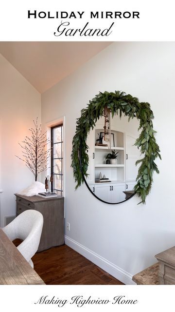 JENNY | HOME STYLING & DIY on Instagram: "Easily decorate any mirror for the Holidays this year with garland, ribbon and bells…. Always bells. My mirror is 48” and I used two each cedar and eucalyptus garlands. I loosely twisted them together before I hung them on the wall and then adjusted more. I used damage free cam and hooks to keep to garland on the wall and in place. To complete the look I tied a looked now with my camel velvet ribbon and added the cutest set of $12 jingle bells. Want Mirror And Wreath Decor, Interior Wreath Decor, What To Cook For Friends Dinners, Christmas Wreath Wall Decor Living Room, Garland On Circle Mirror, Wreath Mirror Decor, Minimalist Christmas Entryway, Minimalist Neutral Fall Decor, Mirror With Garland Christmas Decor