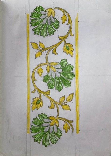 Kalamkari Flowers Drawing, Saree Painting Designs, Fabric Paint Diy, زجاج ملون, Fabric Paint Designs, Flower Drawing Design, Pichwai Paintings, Floral Border Design, Border Embroidery Designs