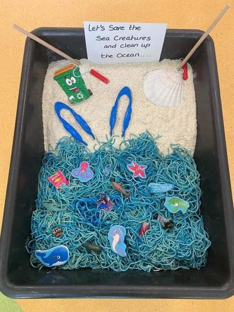 Seaside Crafts Eyfs, Sharing A Shell Tuff Tray, Under The Sea Eyfs Tuff Tray, Sea Side Activities For Kids, At The Seaside Activities, Under The Sea Early Years, Early Years Water Tray Ideas, Sea Sensory Play, Ocean Animal Sensory Bin