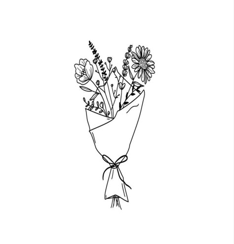 Mini Bouquet Flowers Tattoo, Little Flower Bouquet Tattoo, Flower Vase Tattoo Design, Tiny Bouquet Of Flowers Tattoo, Supermarket Flowers Tattoo, Pot Of Flowers Tattoo, Line Tattoo Flower Bouquet, Birth Flowers In Vase Tattoo, Flower Vase Tattoo Simple