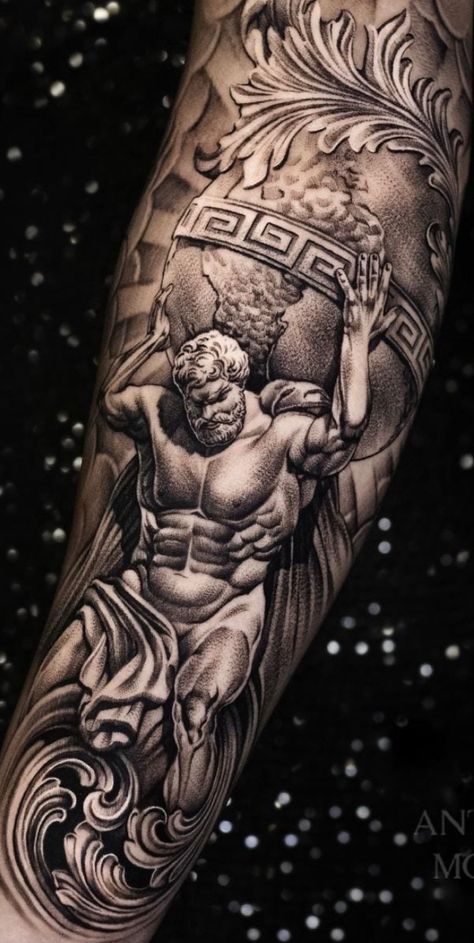 Blackwork Greek Tattoo, Greek Mythology Atlas Tattoo, Greek Gods Tattoos For Men, Small Torso Tattoo Men, Zeus Realism Tattoo, Odysseus Tattoo, Atlas Tattoos, Atlas Tattoo Design, Greek Style Tattoos