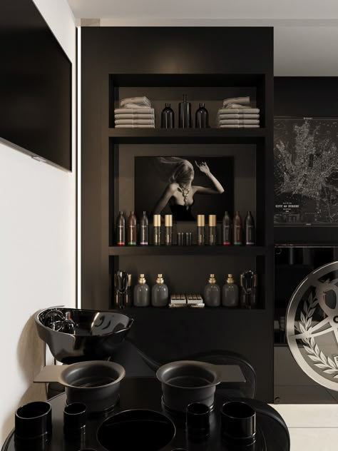 Beauty Saloon on Behance Floating Stations Salon, Beauty Salon Interior Black And White, Speakeasy Hair Salon, Goth Hair Salon Decor, Black Floor Salon, Dark Salon Interior Design, Gothic Beauty Salon, Dark Hair Salon Decor, Black And White Aesthetic Hair Salon