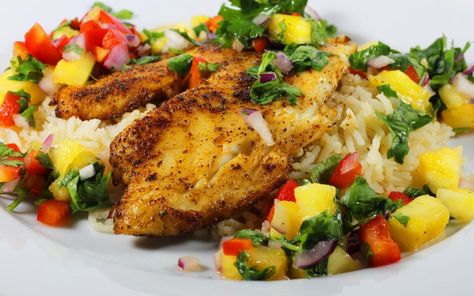 Blackened Tilapia with Pineapple Salsa Blackening Seasoning, Blackened Tilapia, Tilapia Recipes, Pineapple Salsa, Cook At Home, World Recipes, Weeknight Dinners, Seafood Dishes, Make Things