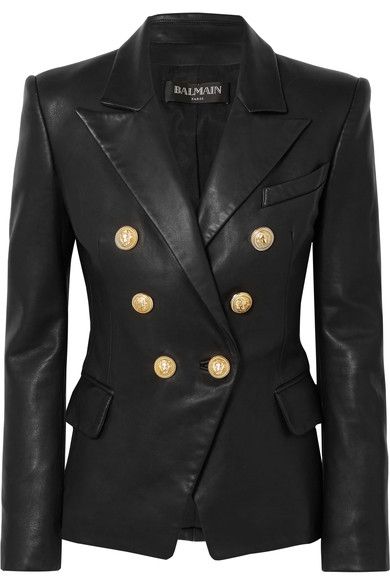 BALMAIN Double-breasted leather blazer. #balmain #cloth # Double Blazer, Lambskin Leather Blazer, Balmain Blazer, Womens Black Leather Jacket, Sheepskin Jacket, Party Kleidung, Slim Fit Jackets, Leather Jacket Outfits, Double Breasted Coat