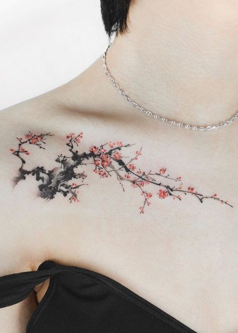 Plum Tree Tattoo, Cherry Blossom Neck Tattoo, Sakura Blossom Tattoo, Sakura Tree Tattoo, Plum Blossom Tattoo, Cherry Blossom Tattoo Shoulder, Manly Tattoos, Red Flower Tattoos, Ivy Tattoo