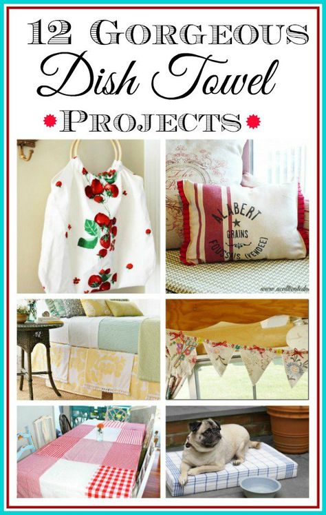 Here are some gorgeous  projects that can be made by repurposing new or old towels. Maybe you have some towels that are  a bit frayed but you don’t want to cut them up and use them as rags. Or perhaps you found some really cute tea towels.  Hopefully this collection of ideas will inspire you to make something new out of those towels. This apron was made from a kitchen towel – see how at Then She Made… I’ve always wanted to do this. Beach Vintage made this cute tablecloth from a package of 12 ... Sewing Towel Projects, Tea Towel Crafts Projects, Diy Dish Towel, Tea Towels Crafts, Dish Towel Crafts, Kitchen Towels Crafts, Tea Towels Diy, Diy Dish, Diy Towels