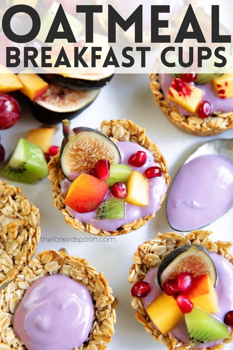 These Baked Oatmeal Cups are easy to make and can be enjoyed any time of the day. Made with gluten-free rolled oats, egg whites, coconut oil, honey, and a dash of cinnamon, the whole family will have a blast filling their own oatmeal cups with yogurt, fresh fruit, or ice cream! Crazy Mother, High Protein Breakfast Recipes, Best Healthy Dinner Recipes, Baked Oatmeal Cups, Peanut Butter Roll, Ww Points, Oatmeal Cups, Brown Spots Removal, High Protein Breakfast