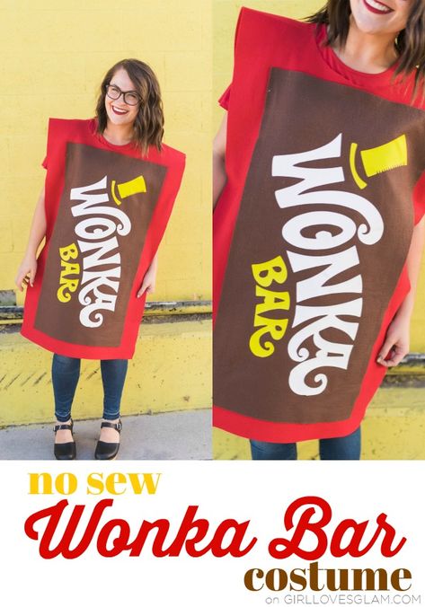 No sew Wonka Bar costume! Perfect for an adult costume or a kid costume. It goes along with a Willy Wonka themed family halloween costume, too! Wonka Bar Costume, Siblings Costumes, Willy Wonka Halloween, Willy Wonka Costume, Wonka Bar, Sibling Halloween Costumes, Diy Candy Bar, Sibling Costume, Kid Costume