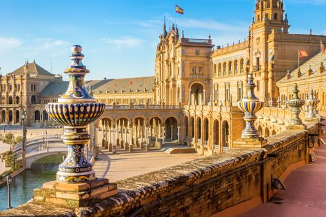 Plaza de España, Seville, Spain jigsaw puzzle in Street View puzzles on TheJigsawPuzzles.com Spain Cities, Landscape Plaza, Mysore Palace, Spain Photography, Andalucia Spain, South Of Spain, Spanish Architecture, Hotel Packages, Seville Spain