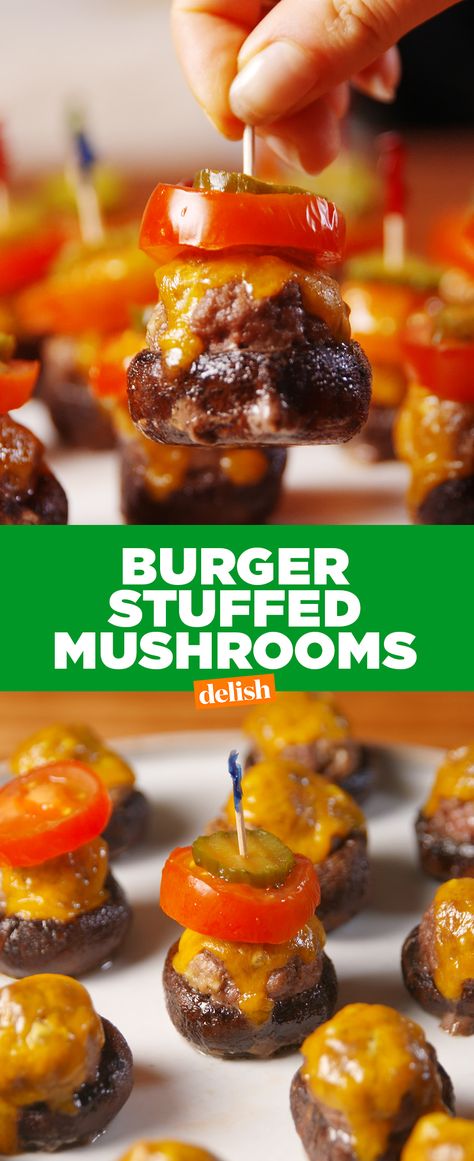 Burger Stuffed Mushrooms are the party app your guests will never forget. Get the recipe from Delish.com. Vegetarian Party Appetizers, Party Appetizers Easy Crowd Pleasers, Appetizers Appetizers, Appetizers Vegetarian, Vegetarian Party, Party Crowd, Hors Doeuvres, Best Party Appetizers, Mini Burgers