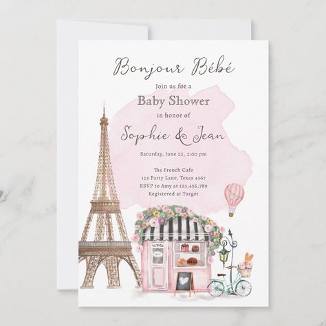 Bonjour Bebe Paris Parisian French Baby Shower Invitation French Bridal Showers, French Baby Shower, Baby Birthday Themes, French Baby, Parisian Cafe, Paris Party, Baby Birthday Party, Birthday Invitations Girl, Create Your Own Invitations