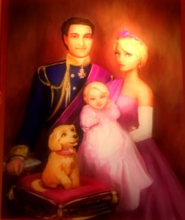 A portrait of the royal family of Gardania: King Reginald, Queen Isabella, Princess Sophia (aka Blair Willows), and their loyal dog, Prince. Barbie Princess Charm School, Queen Isabella, Princess Charm School, Princess Sophia, Barbie Drawing, 12 Dancing Princesses, Adoptive Mother, Princess Charming, Barbie Cartoon