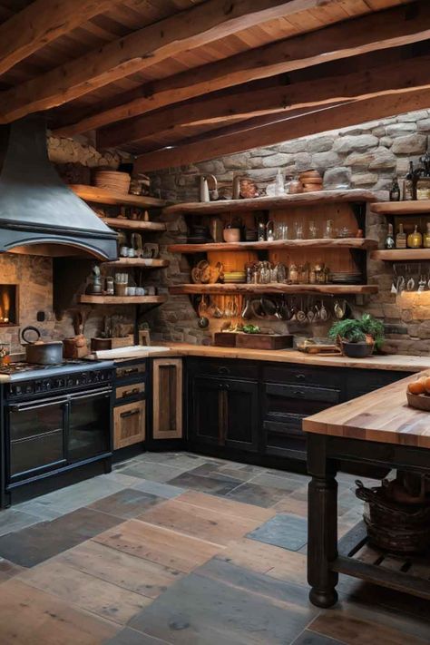 A rustic kitchen showcasing a butcher block island, open shelving, and natural materials for a functional and stylish design. Fireplace Between Kitchen And Living, Kitchen With Butcher Block Island, Industrial Rustic Kitchen, Kitchen With Butcher Block, Beautiful Houses Exterior, Creative Bathroom Design, Neutral Bedroom Design, Utility Room Designs, Trendy Kitchen Design