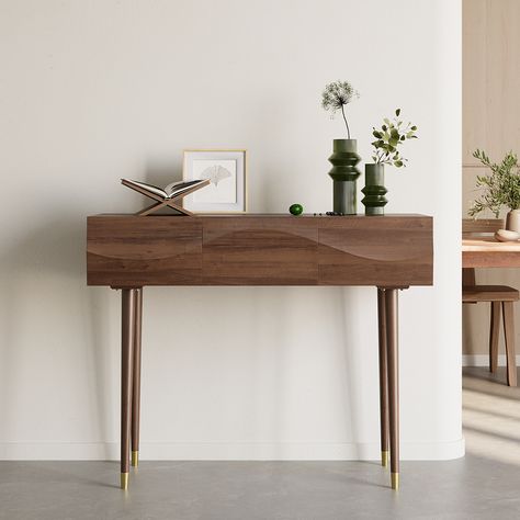 This console table pairs a mid century design for a stark and stylish look in your entryway or living room. Its frame is from solid wood with a rustic walnut finish. The surface on this table is ideal for displaying everything from books, to framed photos, to a pair of stylish lamps. We also love how the tabletop showcases a clean edge that complements any modern space. Plus, there's enough space underneath this table to tuck away baskets or anything else.【Ample Storage Space】Amazingly has 3 dra Modern Console Table With Drawers, Wood Entryway Table, Mid Century Console Table, Mid Century Modern Console Table, Walnut Console Table, Entryway Table With Storage, Walnut Console, Wood Entryway, Mid Century Console