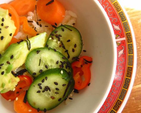 Sushi Salad, Rice Salad Recipes, Black Sesame Seeds, Rice Salad, Sushi Rice, Ripe Avocado, Rice Vinegar, Brown Rice, Sesame Seeds