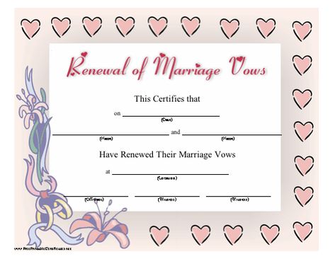 Commemorate the renewal of wedding vows with this printable certificate adorned with hearts, rings and flowers. Free to download and print Free Printable Certificates, 60 Wedding Anniversary, Baby Dedication, Printable Certificates, Marriage Vows, Marriage Anniversary, Marriage Certificate, Certificate Design, Vacation Bible School