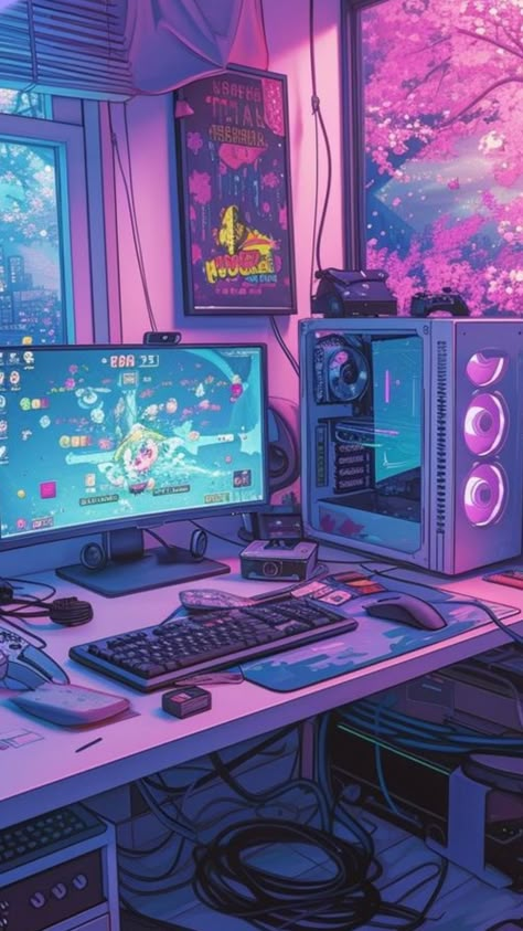 *lo-fi music playing* Pc Background Aesthetic, Gaming Room Background, Gaming Room Wallpaper, Magical Bookstore, Cyberpunk Background, Lo-fi Wallpaper, Wallpaper Gamer, Lofi Wallpaper, Lofi Art