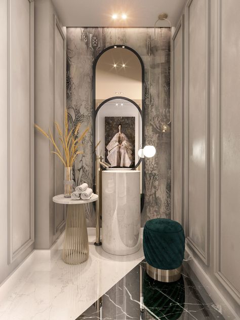 Luxury Powder Room Ideas, Luxury Powder Room Design, Light Up Bathroom Mirror, Powder Room Modern, Black Powder Room, Luxury Powder Room, Powder Room Design Ideas, Modern Classic Living Room, Modern Powder Rooms